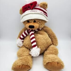 Stichler Floppy Teddy Bear Plush 19" Brown Fur Red Striped Hat Scarf Beanie Toy